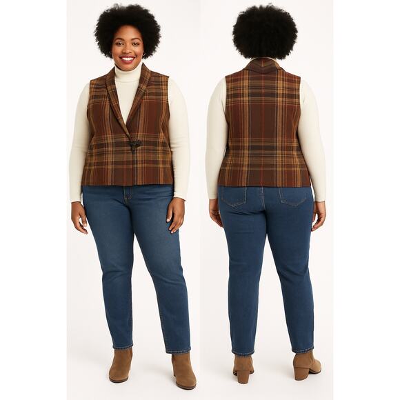 Lauren Ralph Lauren Brown Plaid Cotton Vest 2X Toggle Button - Picture 1 of 6